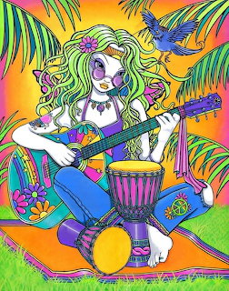 Hippie woman with green hair playing guitar in a vibrant tropical psychedelic setting with drums and birds