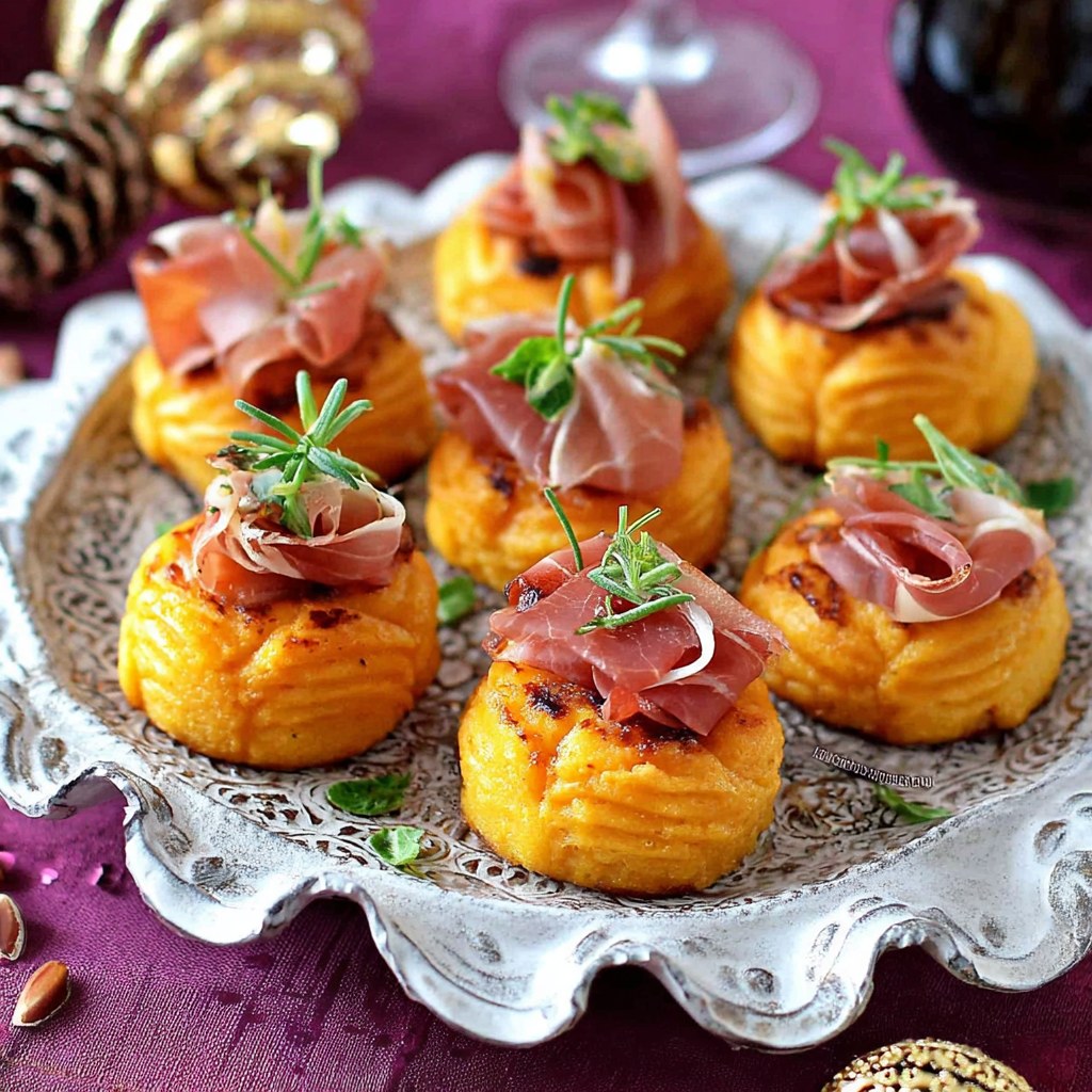 Golden piped duchess potatoes topped with prosciutto and microgreens on ornate silver platter