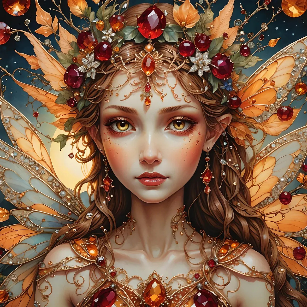 Fantasy fairy portrait with golden wings, floral crown, pointed ears, and amber jewels