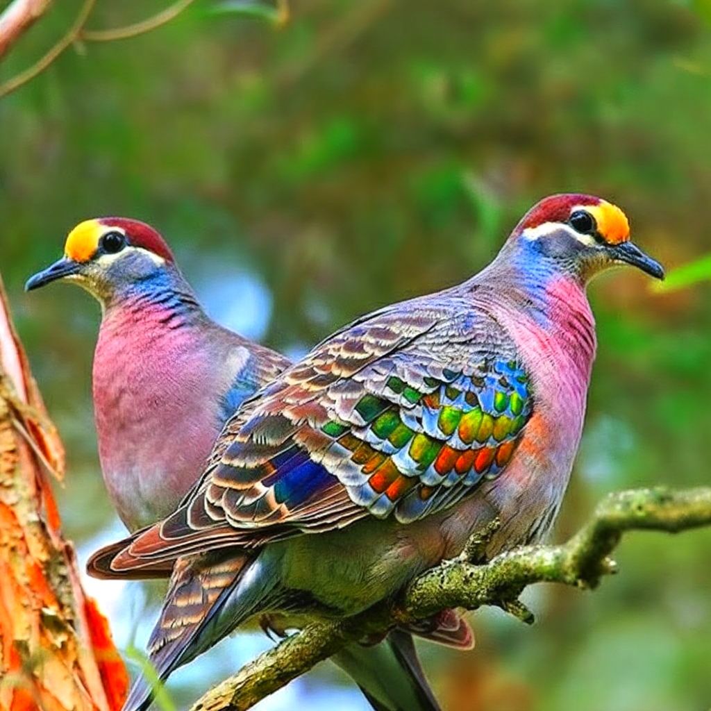 Two Common Bronzewing pigeons with vibrant pink, blue, and green iridescent feathers perched on a branch