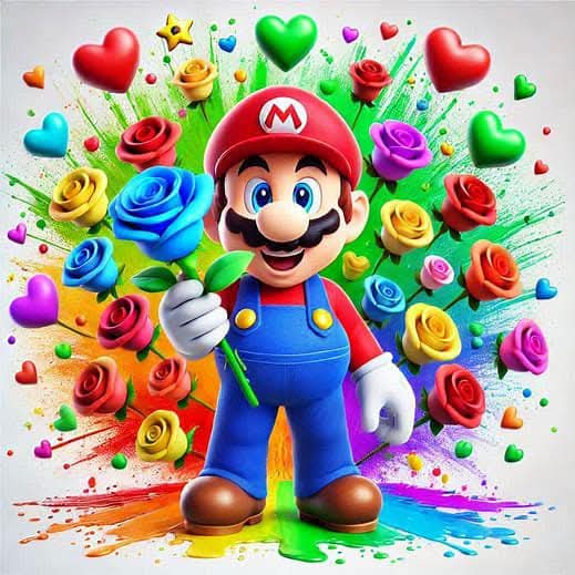 Mario holding a blue rose with colorful roses, hearts, and rainbow paint splashes behind him
