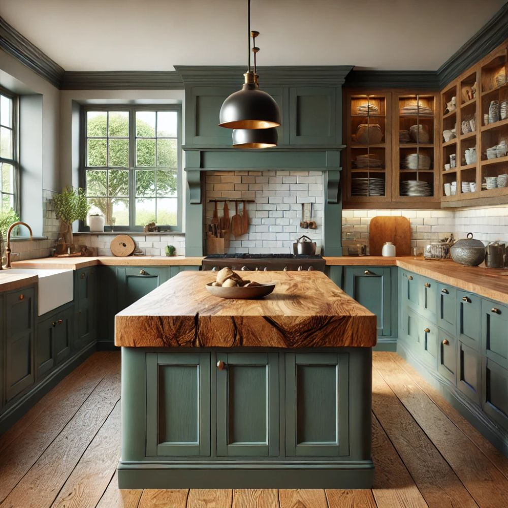Farmhouse kitchen with green cabinets, wooden island, open shelves, and window light