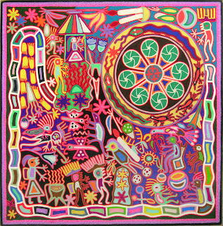 Colorful Mexican folk art with traditional patterns, flowers, geometric shapes, and cultural symbols