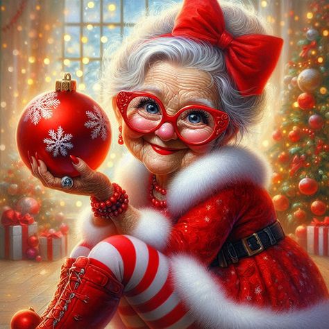 Illustrated Mrs. Claus in red dress and glasses holding a large red Christmas ball ornament near a decorated tree