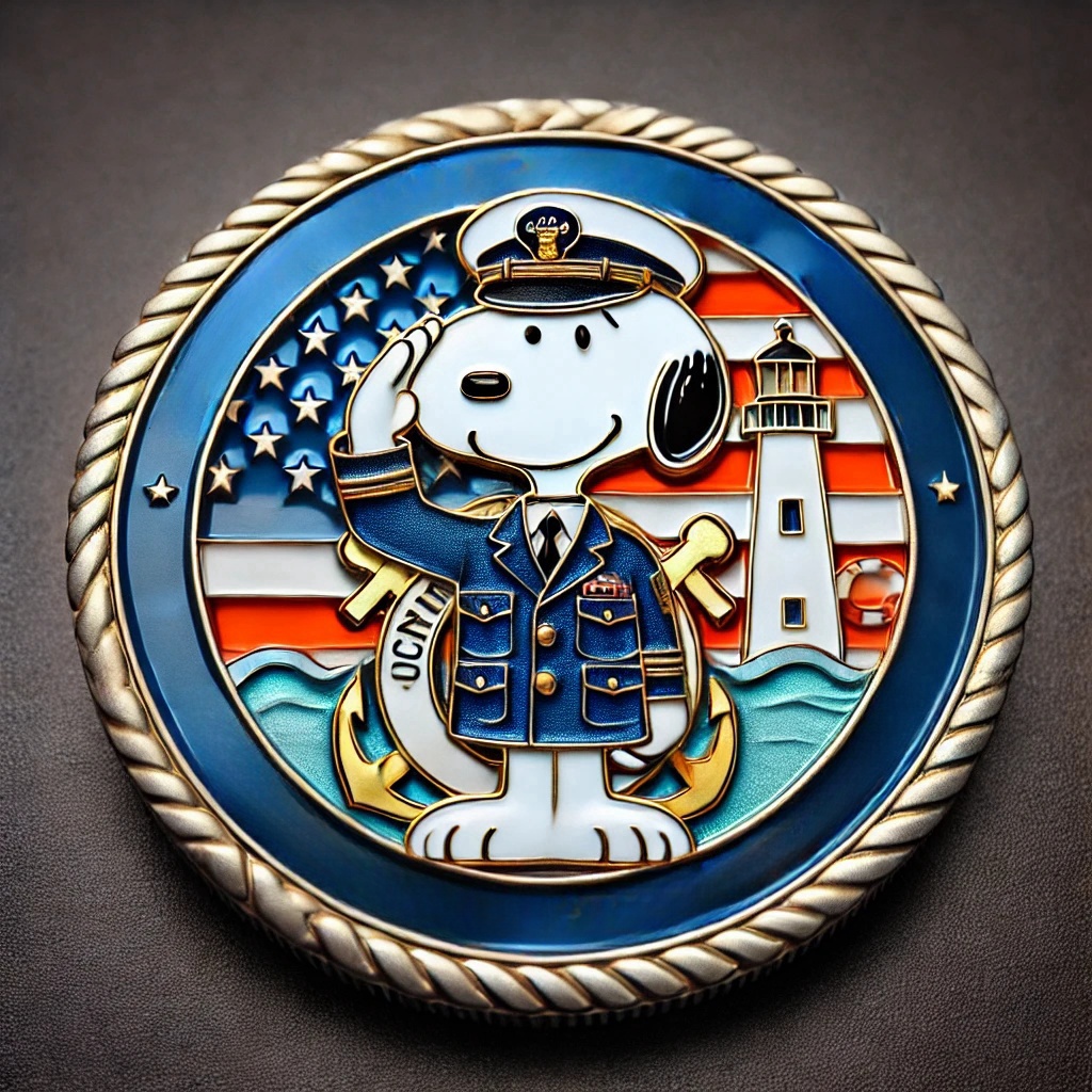 Cartoon Snoopy in Coast Guard uniform inside a round emblem with anchor, lighthouse, waves, and US flag