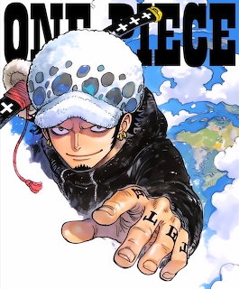 Anime character Trafalgar Law in spotted hat reaching toward viewer with tattooed hand against blue sky