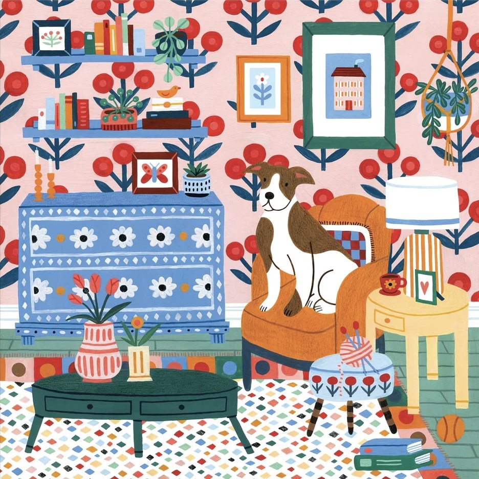 Illustrated room with beagle on orange chair, blue dresser, plants, and decorative patterns in coral and teal colors