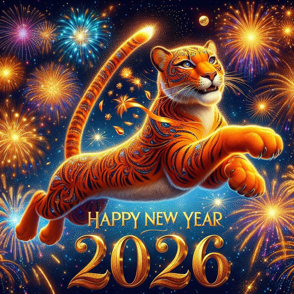 Illustrated tiger leaping among fireworks with Happy New Year 2026 text