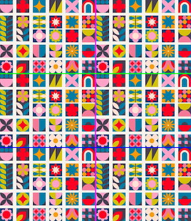 Colorful grid pattern with geometric shapes, flowers, stars, and abstract icons in bold bright colors