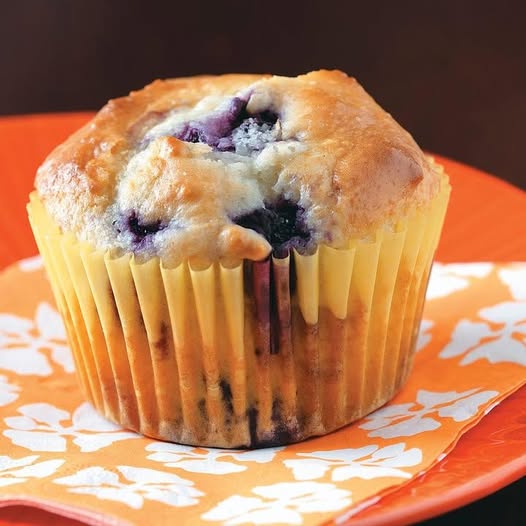 Blueberry muffin in a paper liner on an orange plate with a floral napkin