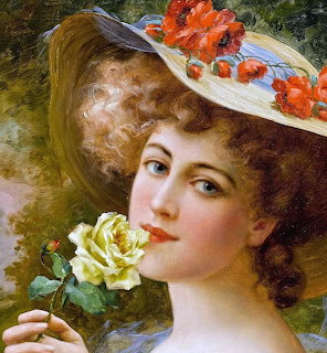 Victorian woman in decorative hat with orange flowers holding yellow rose in classical oil painting style