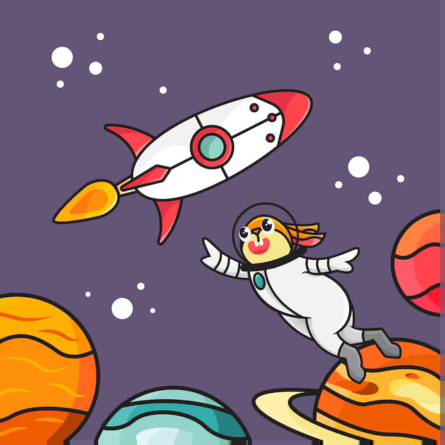 Cartoon bunny astronaut in space with a rocket and colorful planets