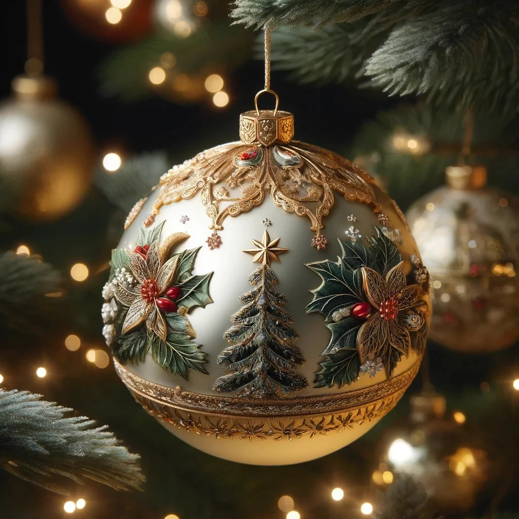 Gold and white Christmas ornament with floral designs hanging on evergreen tree with soft bokeh lights