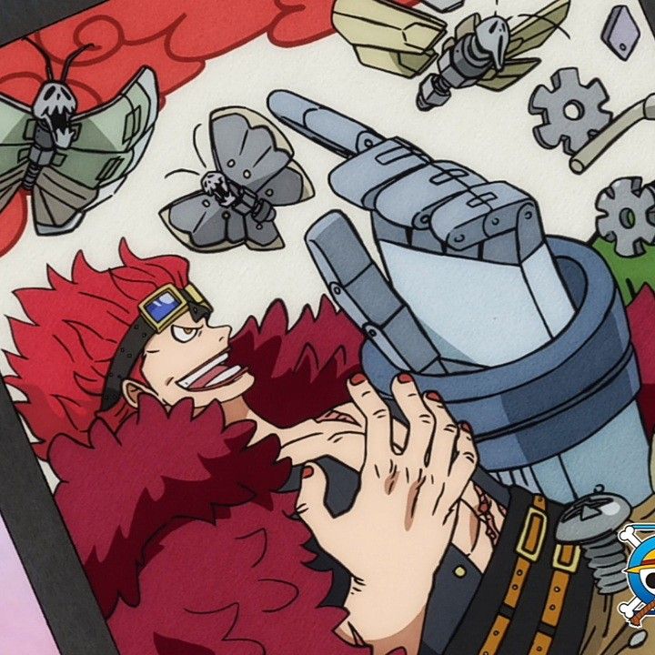 Anime character with spiky red hair and a large mechanical arm reaching upward, metal objects floating around him