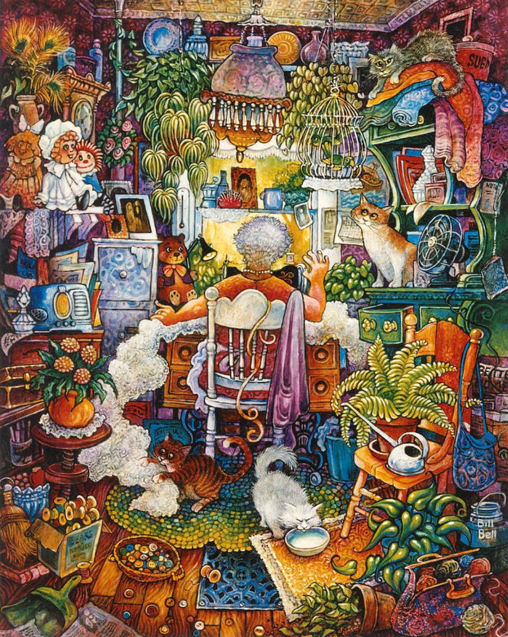 Busy vintage sewing room with cats, plants, sewing machine, and colorful craft items scattered throughout
