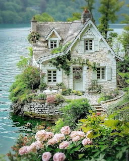 Stone cottage covered in vines beside a tranquil lake with blooming pink hydrangeas in the garden
