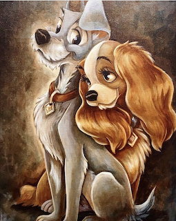 Disney's Lady and Tramp dogs in romantic portrait, warm brown tones
