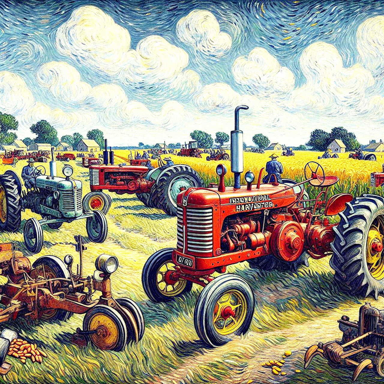 Painting of vintage red tractors in a farm field with dramatic swirling sky
