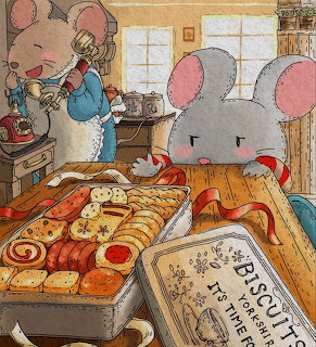 Illustration of cartoon mice in a warm kitchen with a tin of assorted biscuits on the table