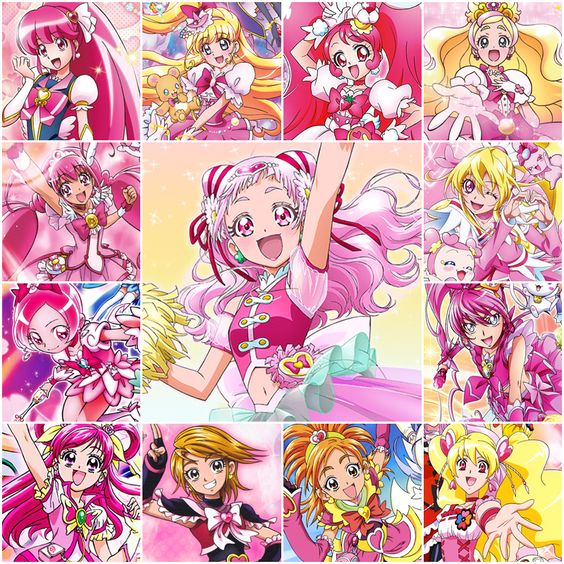 Anime collage of Pretty Cure magical girls in multiple colorful panels with a smiling pink-haired girl at center