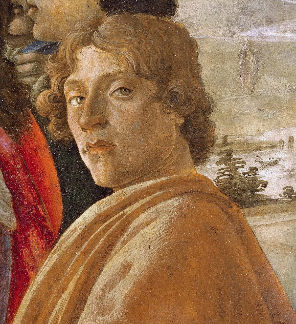 Renaissance painting of young man with wavy hair in tan robes looking at viewer