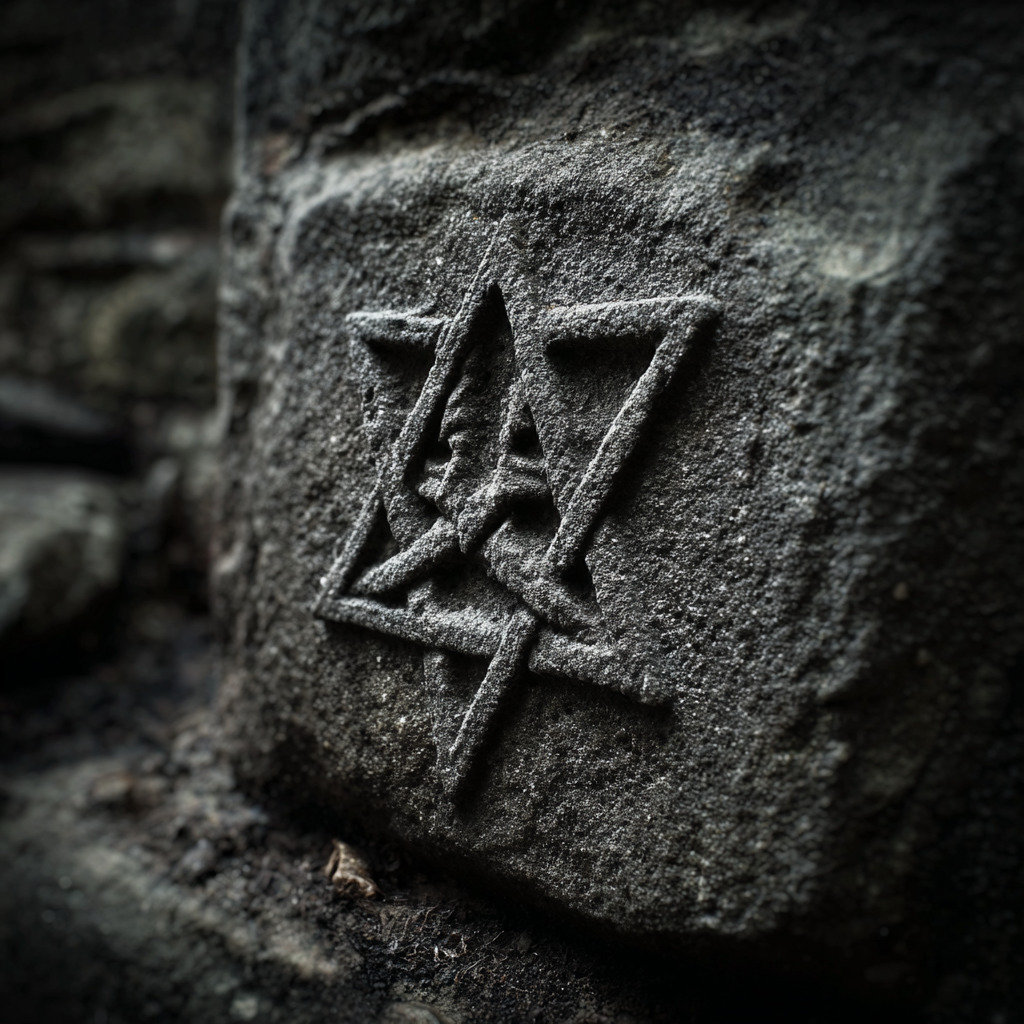 Weathered stone carved with pentagram symbol in dark moody lighting