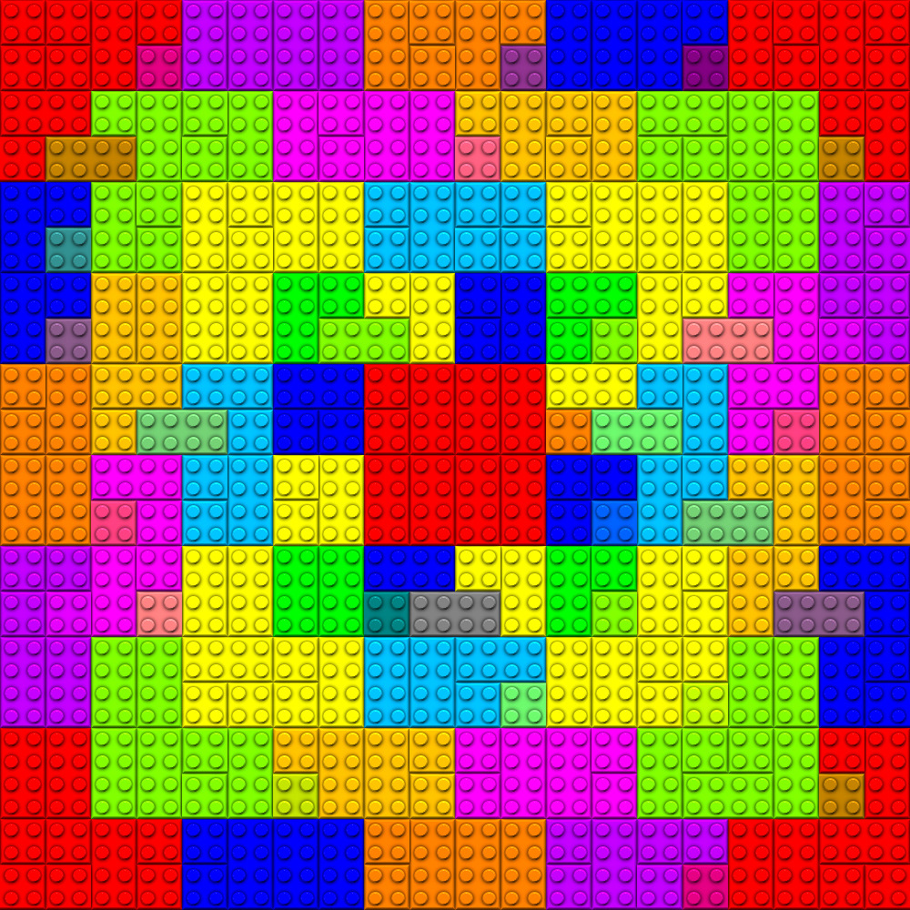 Colorful LEGO blocks arranged in a square abstract mosaic pattern with bright primary and secondary colors
