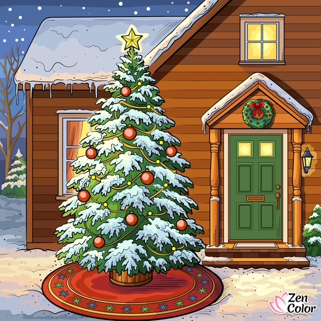Snow-covered Christmas tree with ornaments beside a wooden cottage with green door and holiday wreath