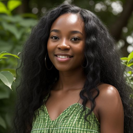 Smiling woman with long dark hair wearing green top amid green leafy plants