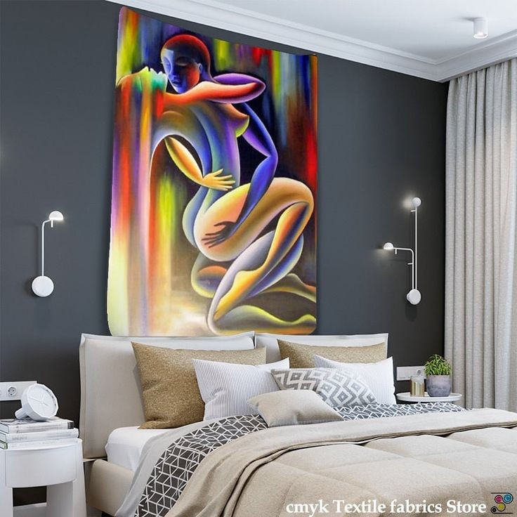 Abstract painting of colorful human figure with rainbow gradient in modern bedroom setting