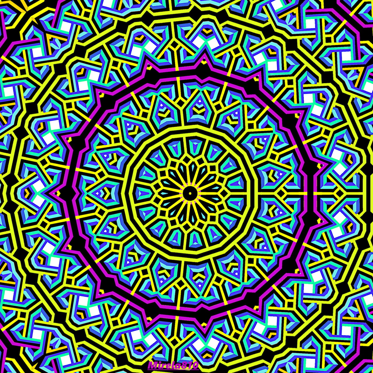 Colorful geometric mandala with yellow, blue, and magenta radial patterns in concentric circles