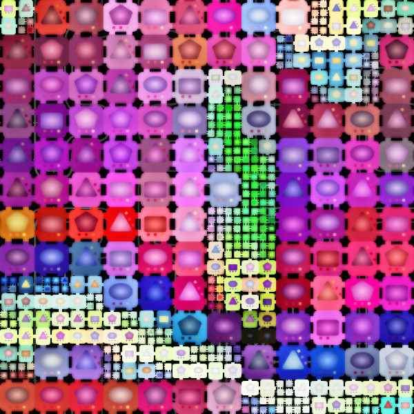 Colorful pixelated abstract art with circular dots and geometric patterns in rainbow hues