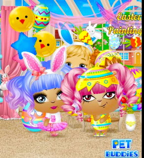 Cartoon chibi girls in Easter bunny outfits with colorful eggs and chick balloons, Pet Buddies game art