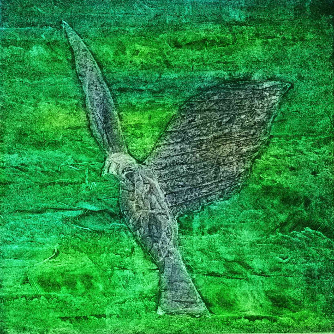 Textured green artwork showing an owl with outstretched wings in flight