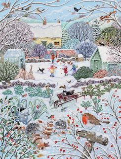 Detailed winter scene with cottage, children playing in snow, frozen pond with ducks and animals, bare trees and festive decorations