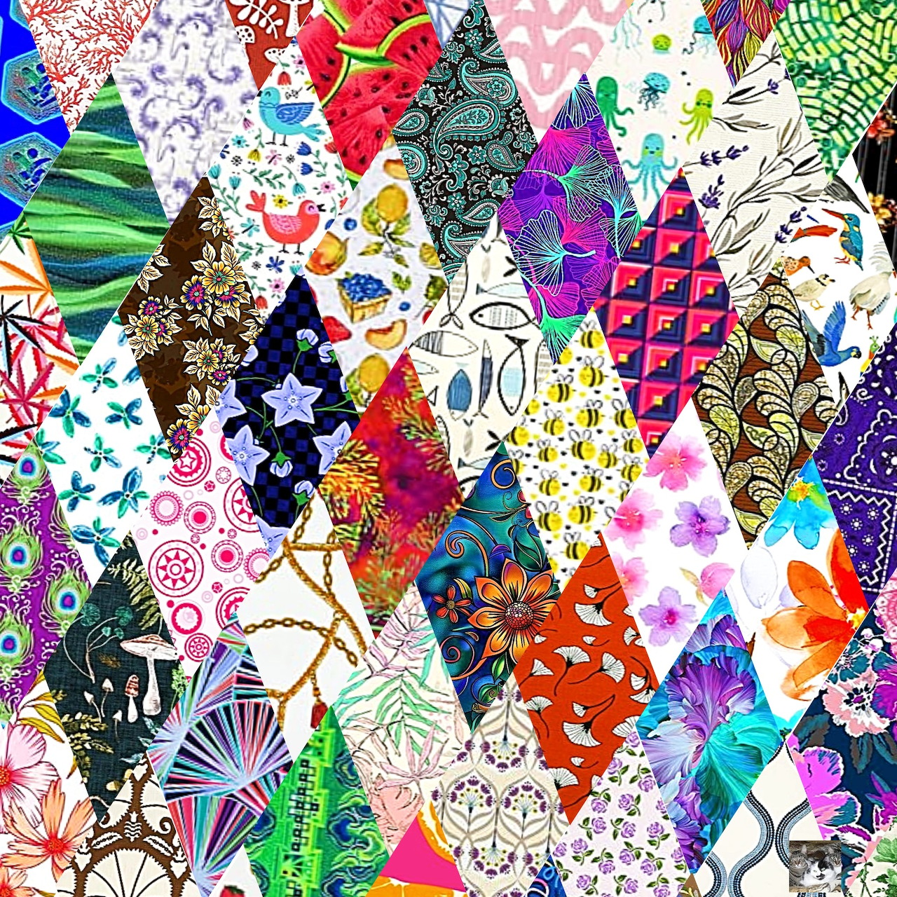 Colorful patchwork collage with various patterns including flowers, geometric shapes, and decorative designs