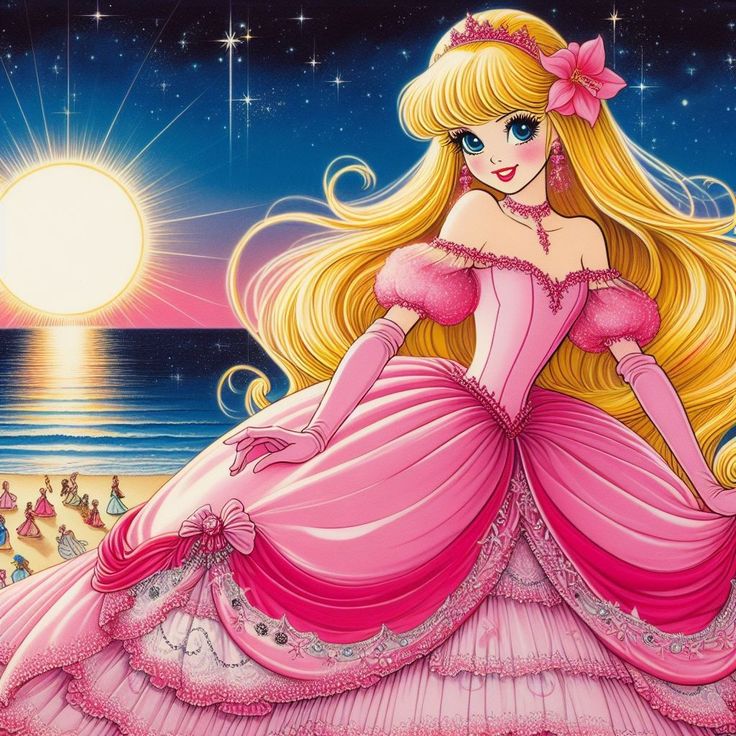 Anime princess with blonde hair wearing pink ball gown by moonlit ocean