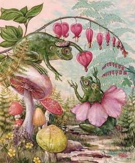 Illustrated frogs sitting on mushrooms surrounded by pink flowers and green plants in a fantasy garden scene