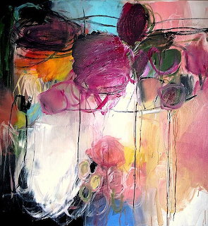 Abstract painting of colorful tulips with bold brushstrokes and dripping paint in purple, pink, yellow, and white tones