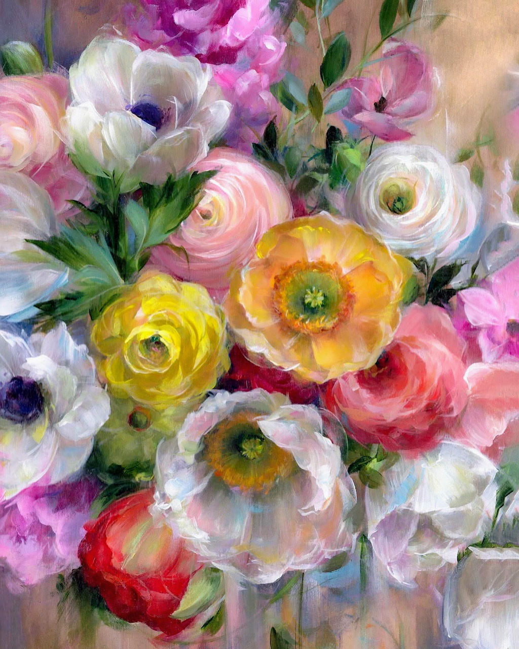 Loose pastel painting of a colorful bouquet with pink, white, yellow, and orange flowers