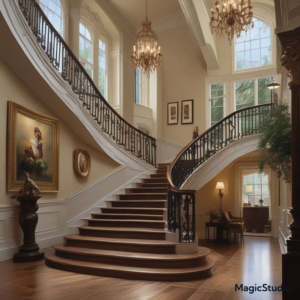 Elegant curved staircase in a grand two-story foyer with chandeliers and tall windows