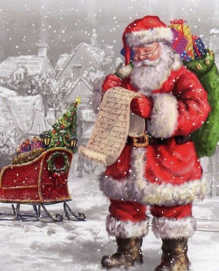 Santa Claus reading a scroll list next to a red sleigh full of gifts in a snowy village