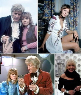 Collage of four vintage Doctor Who photos showing the Third Doctor and female companions from the 1970s TV series.
