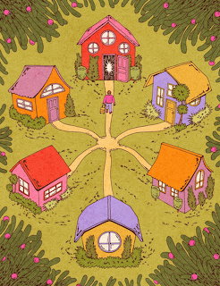 Colorful illustration of small houses arranged around branching paths surrounded by green trees and foliage