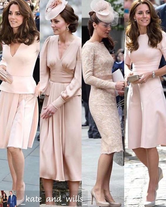 Four photos of Kate Middleton wearing different pink and blush formal dresses and hats