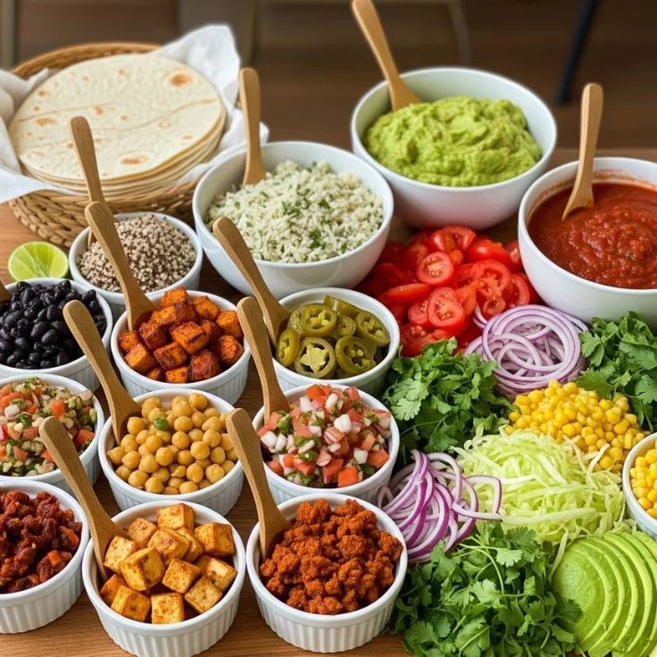 Overhead shot of taco ingredients in white bowls including guacamole, salsa, cheese, beans, and fresh vegetables
