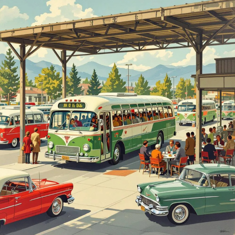 Illustration of a vintage bus at a station with classic cars, people, and mountains