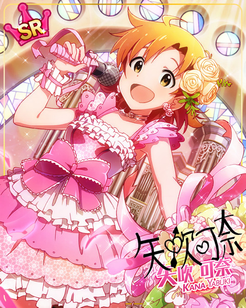 Anime girl in pink ruffled idol outfit holding a microphone, with roses and sparkles in the background