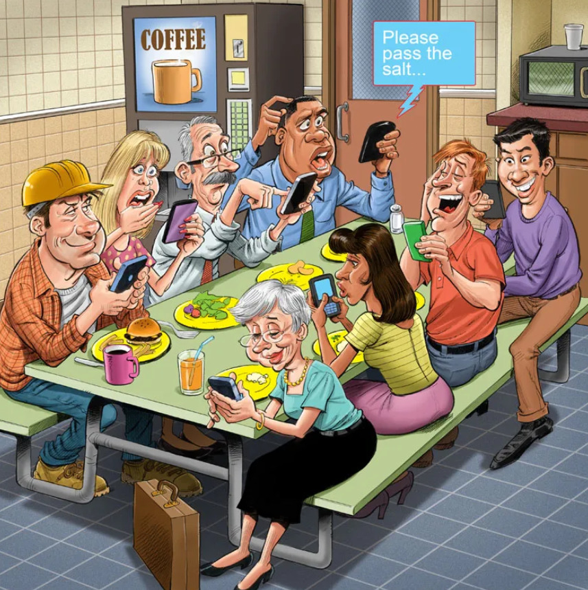 Cartoon illustration of people on phones during a coffee break in an office break room