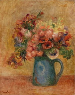 Impressionist painting of pink and red flowers in a blue vase on a warm golden background